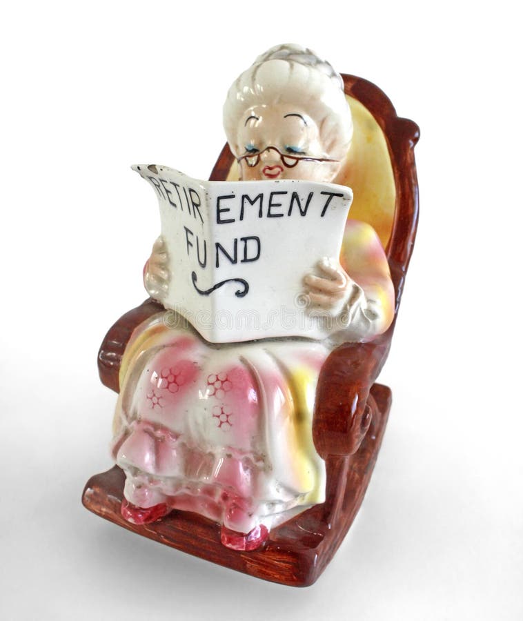 Figurine of a senior lady reading retirement fund papers