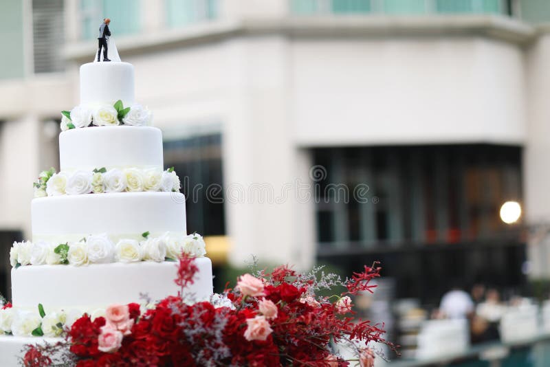 Figurines des jeunes mariés sur un gâteau de mariage Suite drôle de figurines à un gâteau blanc de mariage de luxe décoré photos libres de droits Figurines des jeunes mariés sur un gâteau de mariage Suite drôle de figurines à un gâteau blanc de mariage de luxe décoré photos libres de droits