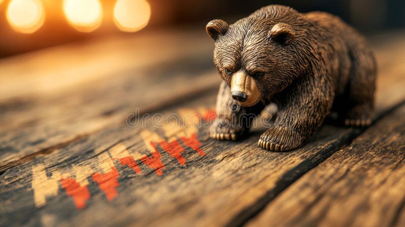 Figurio de oso realista en mesa de madera con fondo de tabla de mercado y luz cálida. Una figurilla de oso resistente colocada sobre una mesa rústica de madera que contrasta con una tabla bursátil con una iluminación cálida. Una representación ideal de las tendencias financieras