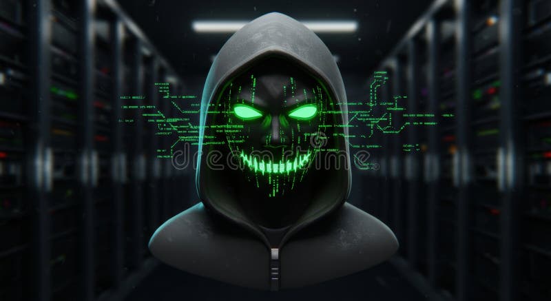 Figură Hacker cu glugă cu măști digitale verzi strălucitoare în camera serverului întunecat vector illustration