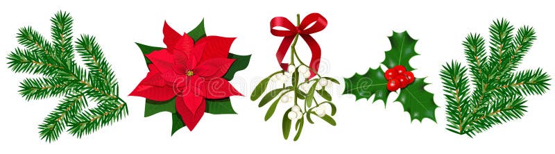 Fijado con la baya de la poinsetia, del acebo, el muérdago con las bayas y el arco rojo, ramas del abeto ilustración del vector Fijado con la baya de la poinsetia, del acebo, el muérdago con las bayas y el arco rojo, ramas del abeto ilustración del vector