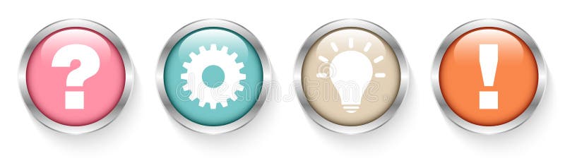 Fijado de cuatro botones de plata pregunte la idea del trabajo y conteste a los colores retros libre illustration Fijado de cuatro botones de plata pregunte la idea del trabajo y conteste a los colores retros libre illustration