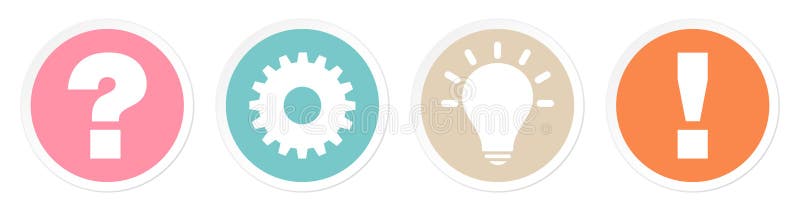 Fijado de cuatro botones pregunte la idea del trabajo y conteste a los colores retros ilustración del vector Fijado de cuatro botones pregunte la idea del trabajo y conteste a los colores retros ilustración del vector