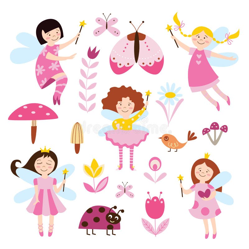 Fijado del ejemplo plano del vector de las muchachas, de las flores y de los escarabajos de las hadas aislado, libre illustration Fijado del ejemplo plano del vector de las muchachas, de las flores y de los escarabajos de las hadas aislado, libre illustration