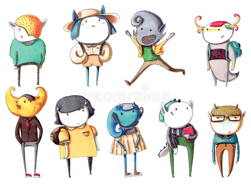 Fije con los niños coloridos dibujados mano de los monstruos, dibujados como alumnos con los libros, las mochilas, en ropa casual stock de ilustración Fije con los niños coloridos dibujados mano de los monstruos, dibujados como alumnos con los libros, las mochilas, en ropa casual stock de ilustración