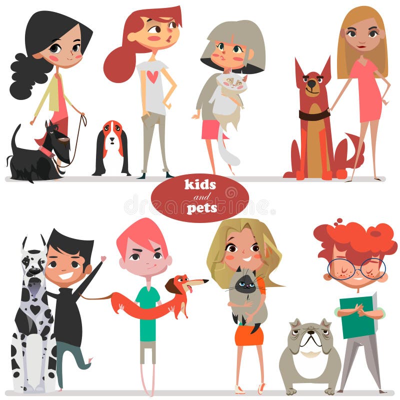 Fije con los niños y los animales domésticos lindos de la historieta libre illustration Fije con los niños y los animales domésticos lindos de la historieta libre illustration