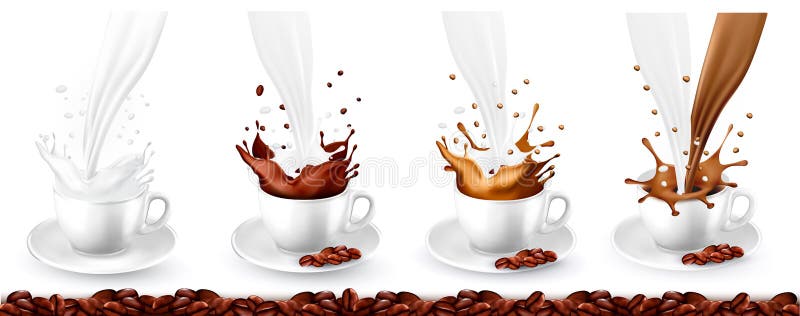 Fije de chapoteo del café, del capuchino y de la leche en tazas ilustración del vector Fije de chapoteo del café, del capuchino y de la leche en tazas ilustración del vector