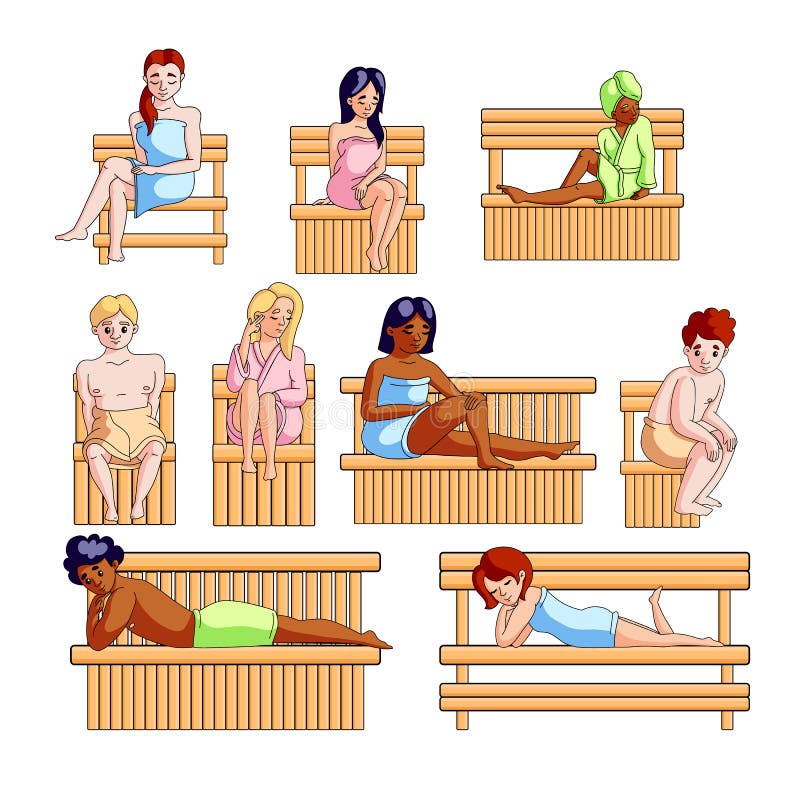 Fije de diversos gente, mujer y hombre en la sauna de madera ilustración del vector Fije de diversos gente, mujer y hombre en la sauna de madera ilustración del vector