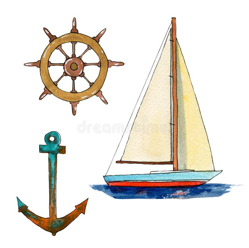 Set of travel  hand drawn watercolor elements with yacht, anchor, steering wheel. Set of travel  hand drawn watercolor elements with yacht, anchor, steering wheel