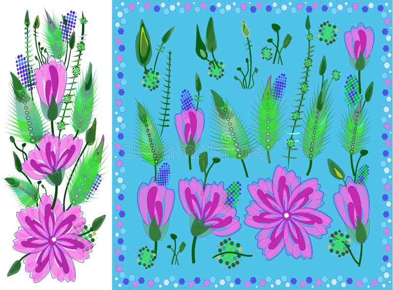 Fije de elementos florales con Violet Daisy Type Flowers, las hojas y los brotes Flora botánica exhausta del vector para la decor libre illustration Fije de elementos florales con Violet Daisy Type Flowers, las hojas y los brotes Flora botánica exhausta del vector para la decor libre illustration