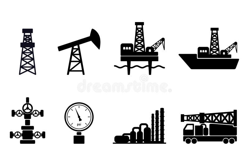 Fije de iconos planos negros del petróleo y gas del vector: muestras de la perforación terrestre y petrolífera en el mar, platafo ilustración del vector Fije de iconos planos negros del petróleo y gas del vector: muestras de la perforación terrestre y petrolífera en el mar, platafo ilustración del vector