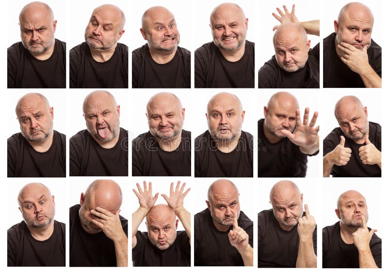 Fije de imágenes de un hombre calvo con diversas emociones