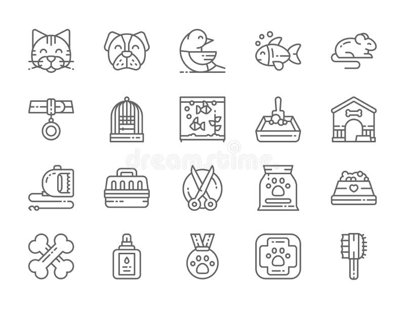Fije de la línea iconos de la tienda de animales Gato, perro, pájaro, loro, pescado, ratón y más ilustración del vector Fije de la línea iconos de la tienda de animales Gato, perro, pájaro, loro, pescado, ratón y más ilustración del vector