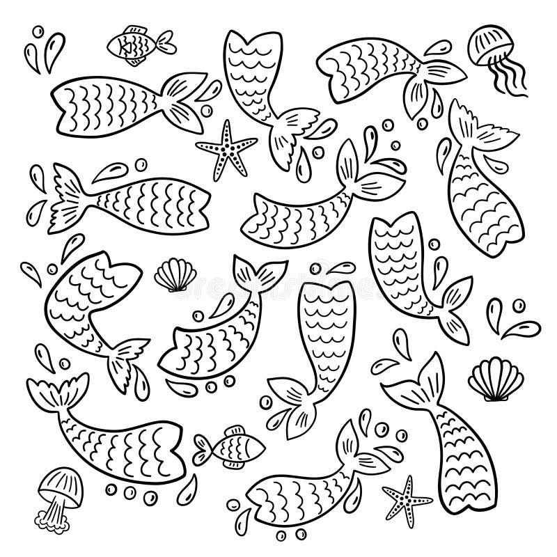 Fije de las colas de la sirena, pescados, estrellas de mar, cáscaras, siluetas de las medusas stock de ilustración Fije de las colas de la sirena, pescados, estrellas de mar, cáscaras, siluetas de las medusas stock de ilustración