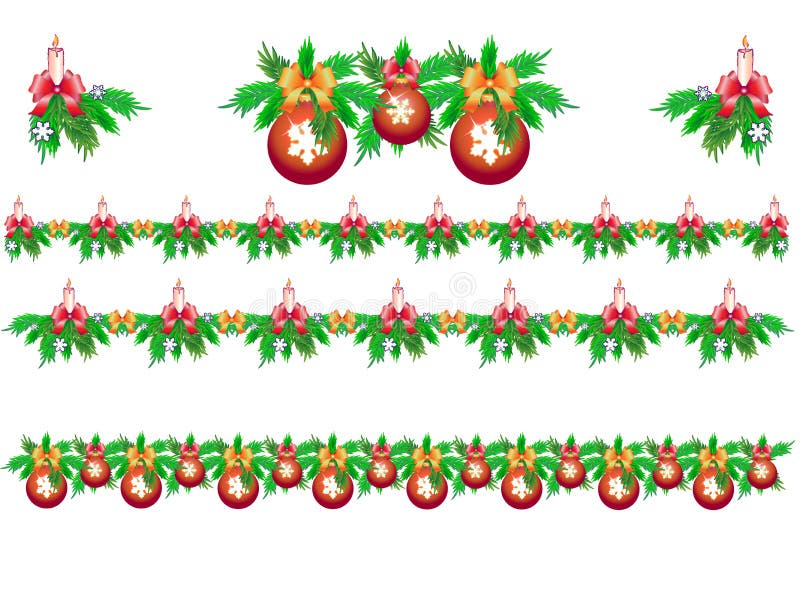 Fije de las guirnaldas de la Navidad del abeto con las velas, los copos de nieve y las bolas de la Navidad ilustración del vector Fije de las guirnaldas de la Navidad del abeto con las velas, los copos de nieve y las bolas de la Navidad ilustración del vector