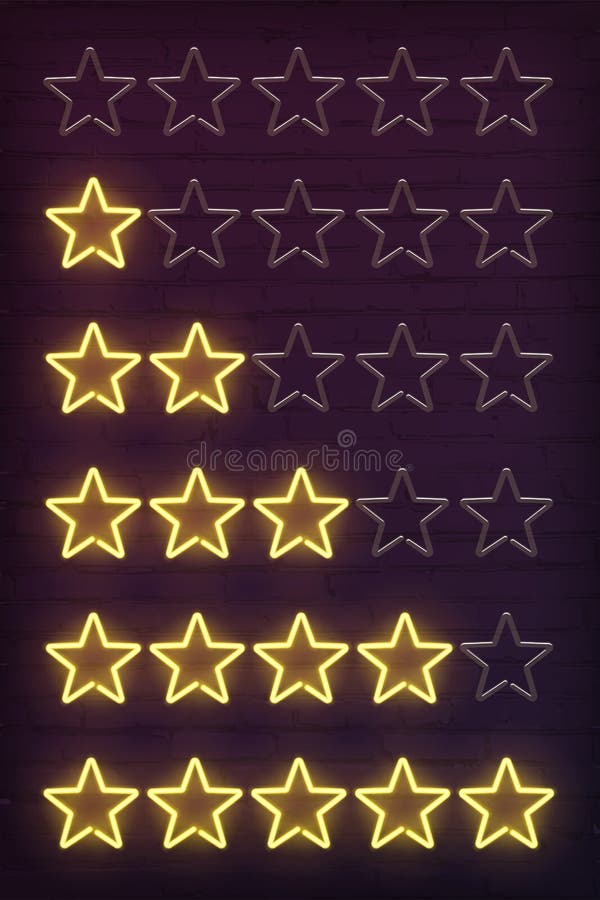 Fije de los elementos de neón amarillos del diseño del grado de las estrellas aislados en la pared de ladrillo oscura Equipo del stock de ilustración Fije de los elementos de neón amarillos del diseño del grado de las estrellas aislados en la pared de ladrillo oscura Equipo del stock de ilustración