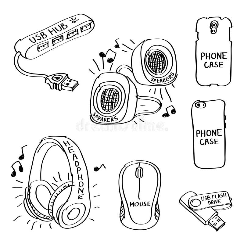 Fije de los garabatos dibujados mano de los accesorios de ordenador aislados en un fondo blanco stock de ilustración Fije de los garabatos dibujados mano de los accesorios de ordenador aislados en un fondo blanco stock de ilustración