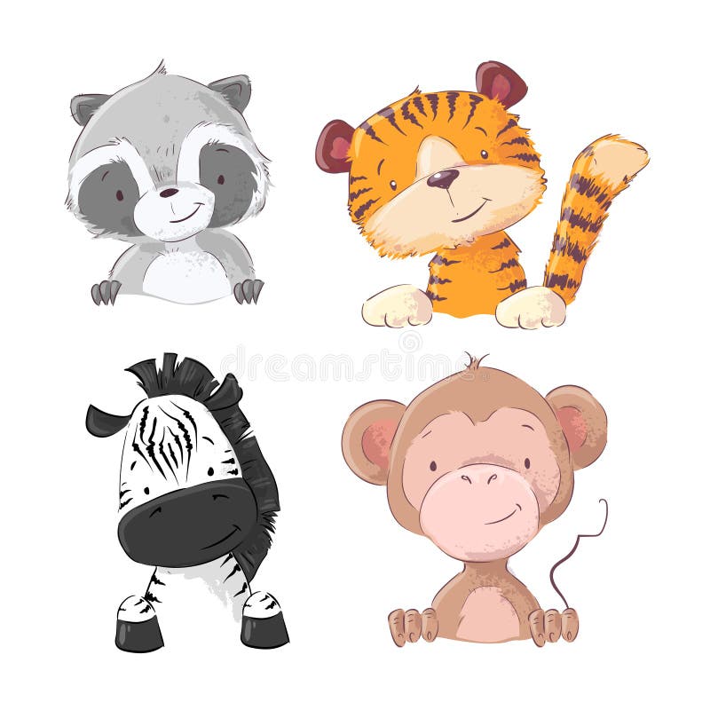 Fije de mapache del cachorro de tigre del mono de la cebra Estilo de la historieta ilustración del vector Fije de mapache del cachorro de tigre del mono de la cebra Estilo de la historieta ilustración del vector