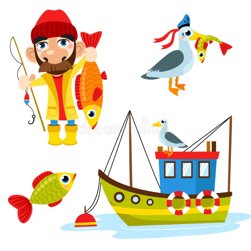 Fije de pescador feliz que el carácter sostiene pescados grandes, de gaviota, de pescados y del barco libre illustration Fije de pescador feliz que el carácter sostiene pescados grandes, de gaviota, de pescados y del barco libre illustration
