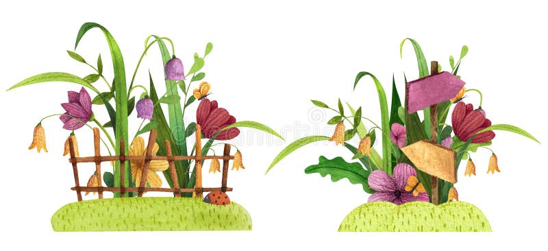Fije de ramos de la primavera, del jardín del verano y del bosque con la hierba, la cerca, las flores, las hojas y las ramas ilustración del vector Fije de ramos de la primavera, del jardín del verano y del bosque con la hierba, la cerca, las flores, las hojas y las ramas ilustración del vector