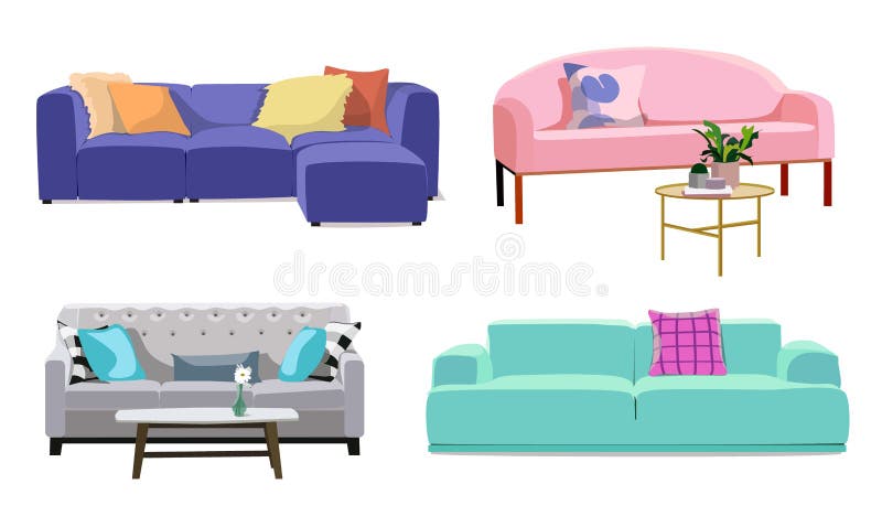 Fije de sofás suaves coloridos modernos con tapicería ilustración del vector Fije de sofás suaves coloridos modernos con tapicería ilustración del vector