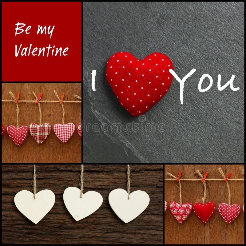 Fije el mensaje del amor de la tarjeta del día de San Valentín del collage con los corazones coloridos de la tela imágenes de archivo libres de regalías Fije el mensaje del amor de la tarjeta del día de San Valentín del collage con los corazones coloridos de la tela imágenes de archivo libres de regalías