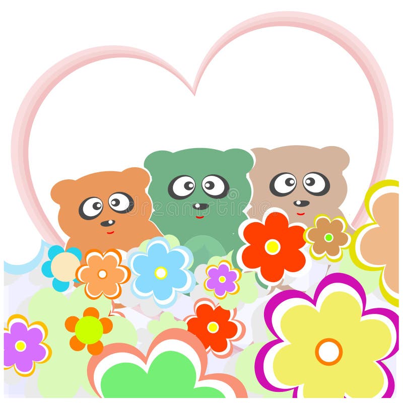Fije el oso de peluche con muchas flores y corazón del amor ilustración del vector Fije el oso de peluche con muchas flores y corazón del amor ilustración del vector