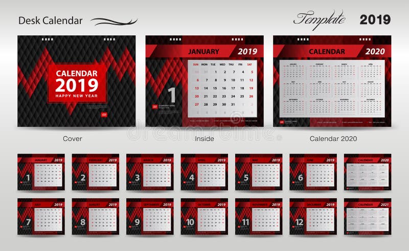Fije el vector 2019, diseño del diseño de la plantilla del calendario de escritorio de la cubierta, sistema de 12 meses, comienzo stock de ilustración Fije el vector 2019, diseño del diseño de la plantilla del calendario de escritorio de la cubierta, sistema de 12 meses, comienzo stock de ilustración