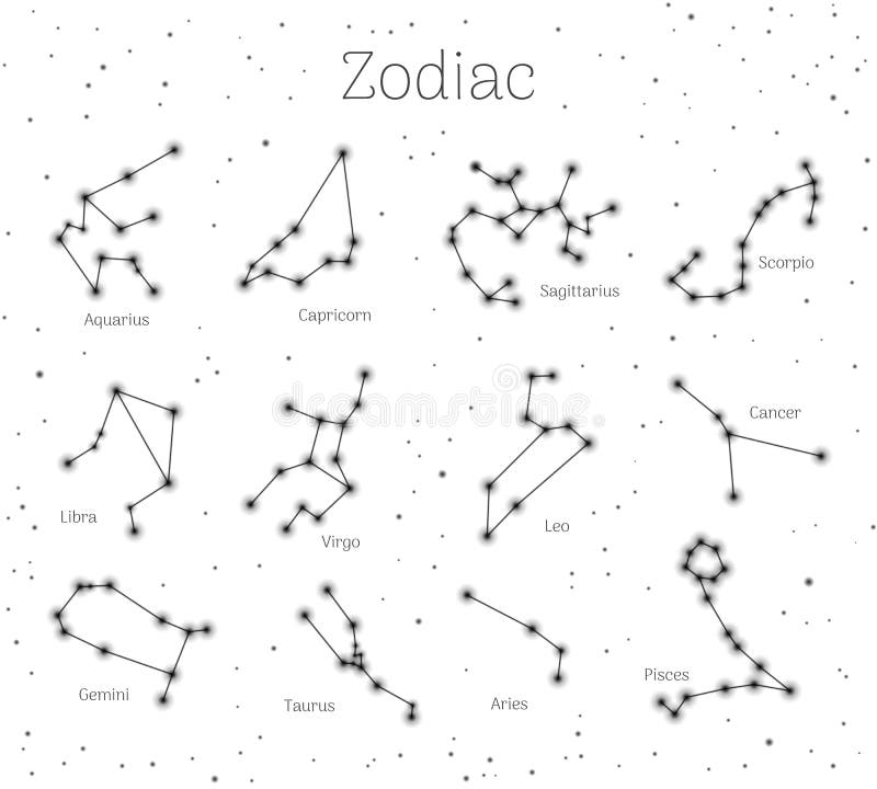 Fije el zodiaco de doce muestras, fondo blanco, estrellas del negro, realistas ilustración del vector Fije el zodiaco de doce muestras, fondo blanco, estrellas del negro, realistas ilustración del vector