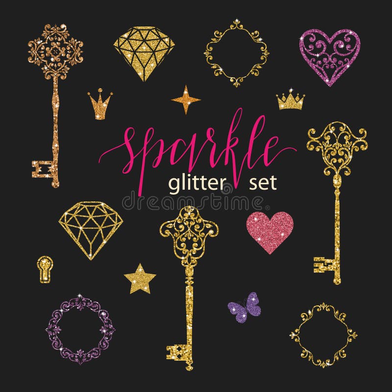 Fije la colección de diamantes, de corazones, de estrellas, de bastidores, de mariposa y de llaves de oro del brillo en fondo neg stock de ilustración Fije la colección de diamantes, de corazones, de estrellas, de bastidores, de mariposa y de llaves de oro del brillo en fondo neg stock de ilustración