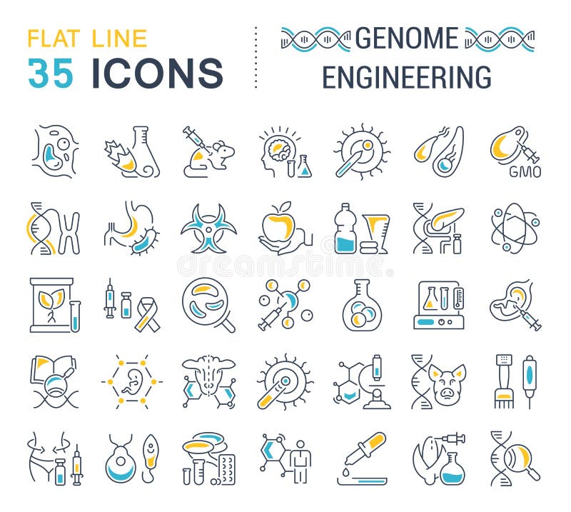 Fije la línea iconos del vector de ingeniería del genoma stock de ilustración Fije la línea iconos del vector de ingeniería del genoma stock de ilustración