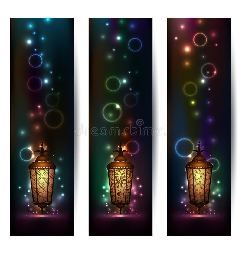 Conjunto de banners luminosos con linterna árabe libre illustration