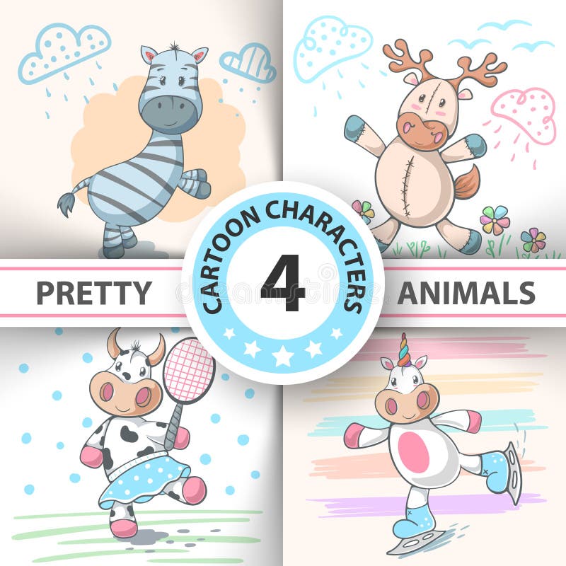 Fije los animales vaca, ciervo, toro, cebra, unicornio de la historieta stock de ilustración Fije los animales vaca, ciervo, toro, cebra, unicornio de la historieta stock de ilustración