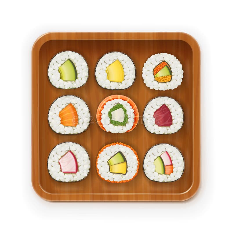 Fije los rollos de sushi con el diverso ingrediente en la bandeja de madera Colección de la comida rápida stock de ilustración