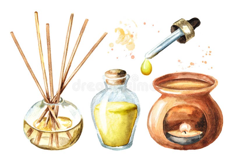Fije para aromatherapy Ambientador, palillos, botella de aceite esencial, l?mpara del aroma, pipeta con un descenso Ejemplo dibuj libre illustration Fije para aromatherapy Ambientador, palillos, botella de aceite esencial, l?mpara del aroma, pipeta con un descenso Ejemplo dibuj libre illustration