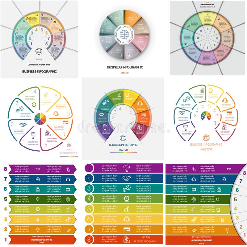 Fije 9 procesos cíclicos de Infographics de las plantillas en ocho posiciones stock de ilustración Fije 9 procesos cíclicos de Infographics de las plantillas en ocho posiciones stock de ilustración