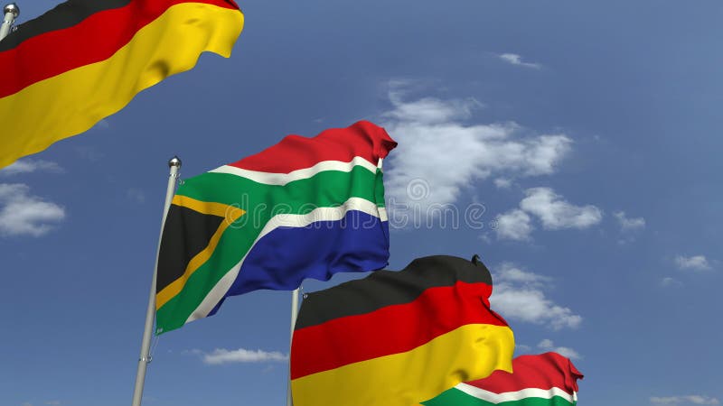 Fila de banderas que agitan de Suráfrica y de Alemania, animación loopable 3D