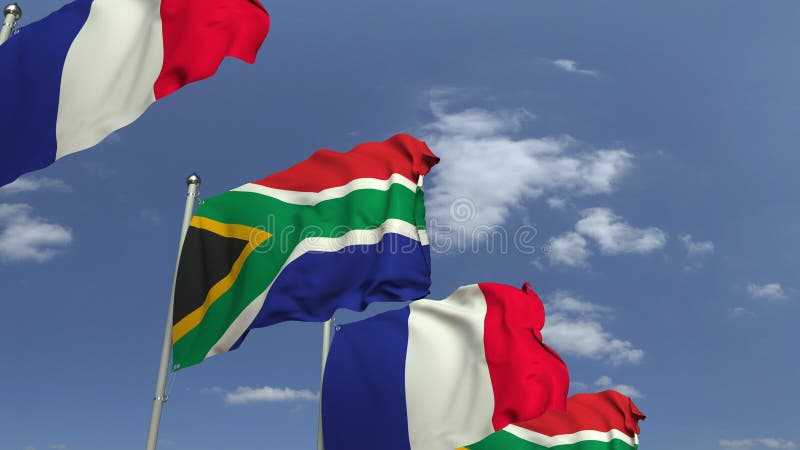 Fila de banderas que agitan de Suráfrica y de Francia, animación loopable 3D