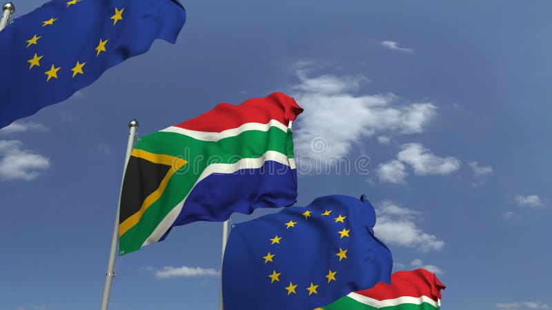 Fila de banderas que agitan de Suráfrica y de la UE de la unión europea, animación loopable 3D