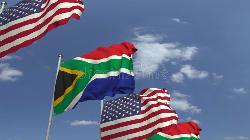Fila de banderas que agitan de Suráfrica y de los E.E.U.U., animación loopable 3D