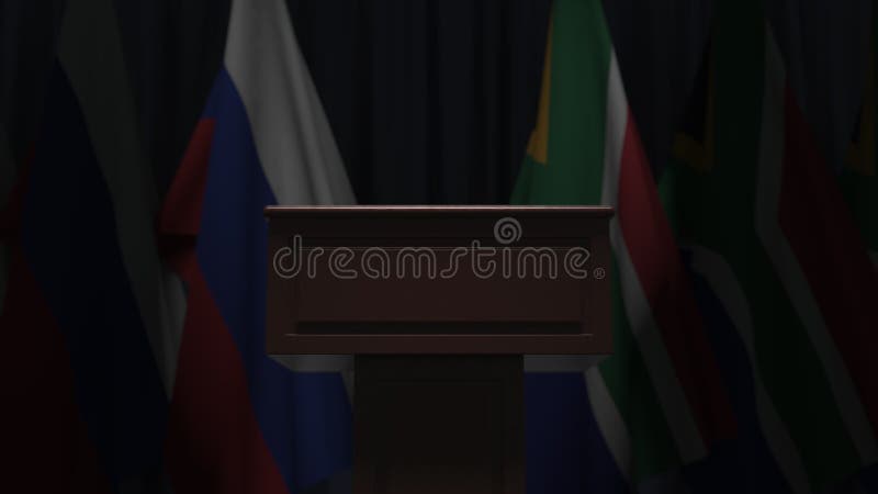 Fila de banderas de Sudáfrica y Rusia y tribunas de oradores, animación conceptual 3D