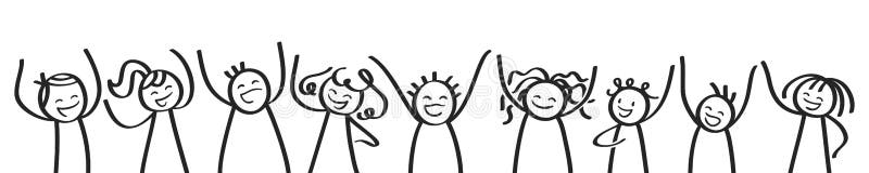 Fila de la gente del palillo que anima, de la bandera, de los niños felices, de los hombres y de las mujeres, figuras blancos y n stock de ilustración