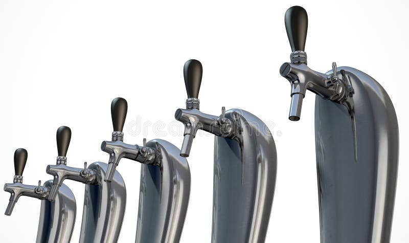 A row of regular chrome draught beer taps on an isolated white background. A row of regular chrome draught beer taps on an isolated white background