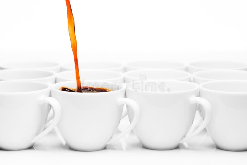 Row of white coffee cups on a white table. one cup is being filled with coffee. clean abstract immage. Row of white coffee cups on a white table. one cup is being filled with coffee. clean abstract immage