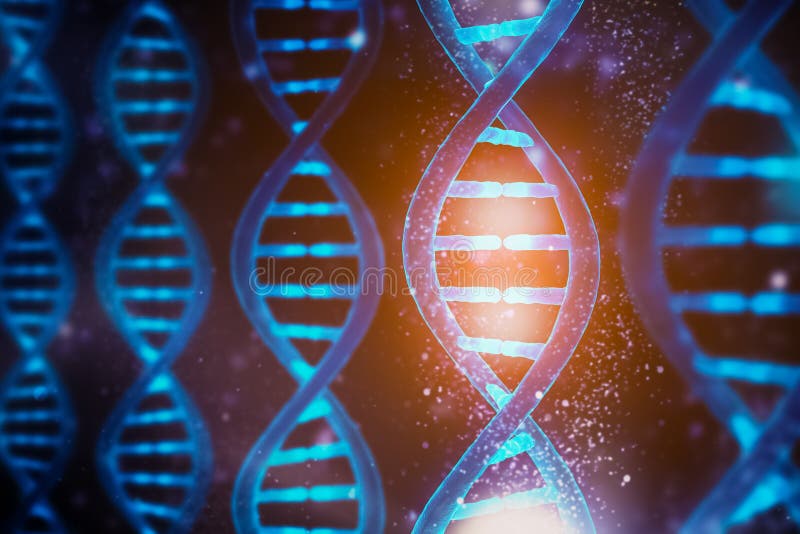Filas de ADN brillantes y brillantes doble helix de cierre Medicina, biología, microbiología, genética, concepto de ilustración 3