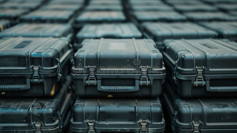 Filas de estuches de almacenamiento negro resistente ordenados cuidadosamente libre illustration