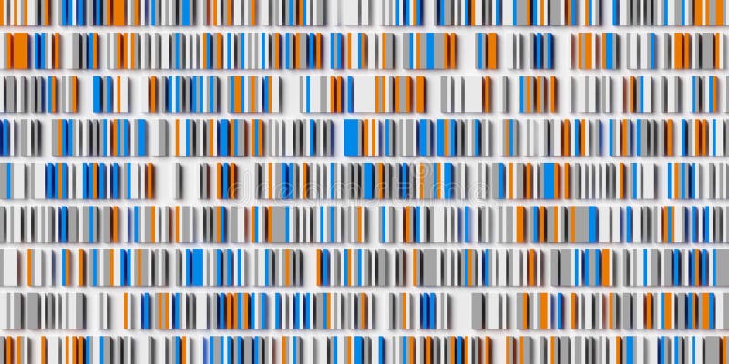 Filas de muchos cubos o cajas azules blancos y naranjas en el fondo blanco abstracto moderno mínimo ordenador de visualización de ilustración del vector