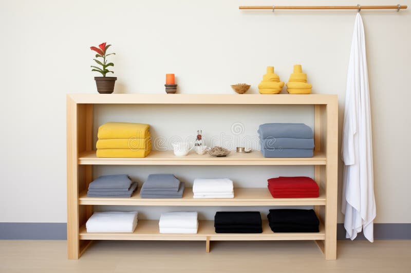 rows of folded towels and robes on a minimalist shelf unit, created with generative ai AI generated. rows of folded towels and robes on a minimalist shelf unit, created with generative ai AI generated