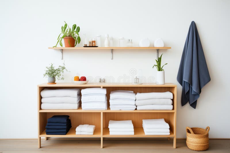 rows of folded towels and robes on a minimalist shelf unit, created with generative ai AI generated. rows of folded towels and robes on a minimalist shelf unit, created with generative ai AI generated