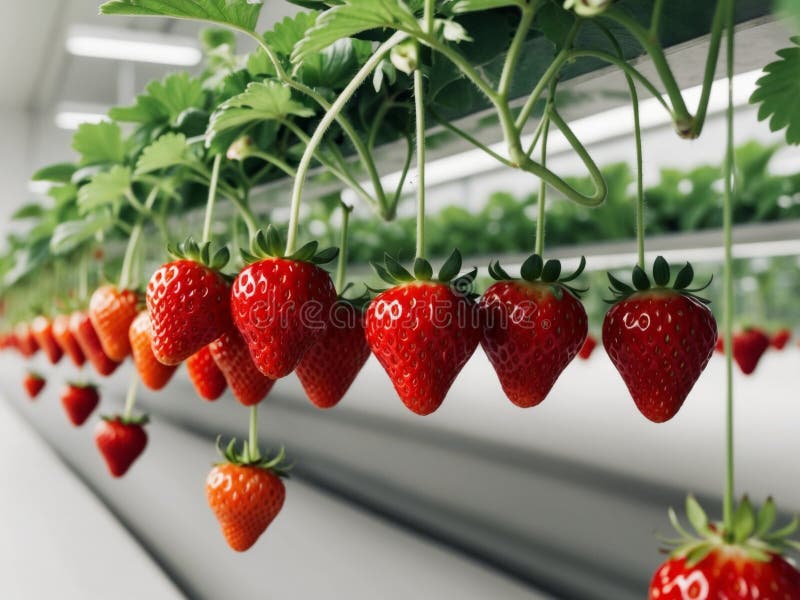 File di fragole di colore rosso maturo appese alle piante in un'operazione di allevamento all'interno. fotografia stock libera da diritti